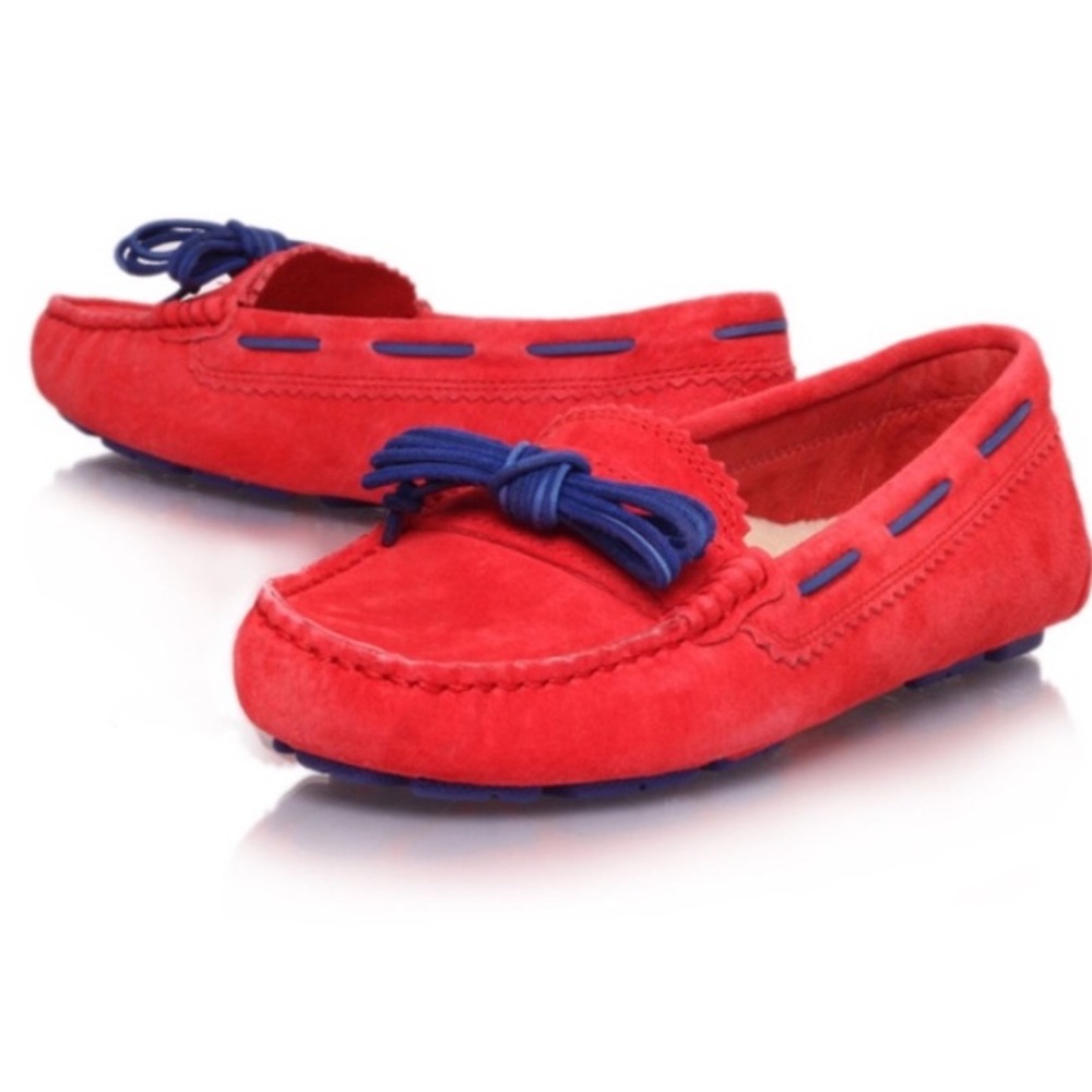 UGG Meena Women's Red Suede Shoes Moccasins Flats Navy Lace Slippers Driving - Picture 2 of 12